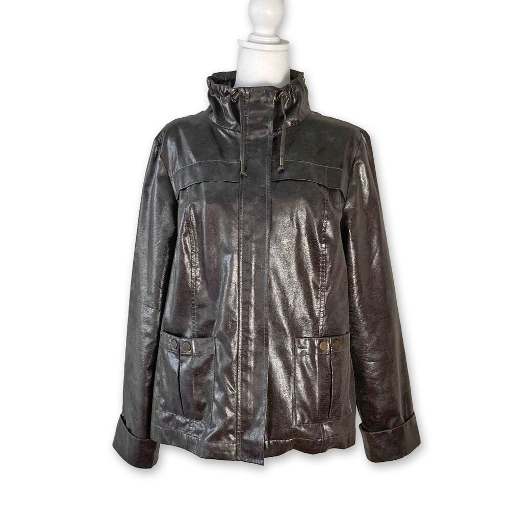 ZENERGY CHICO'S | Dark Brown Mock Neck Zip Up Snakeskin Pattern Jacket Size 1